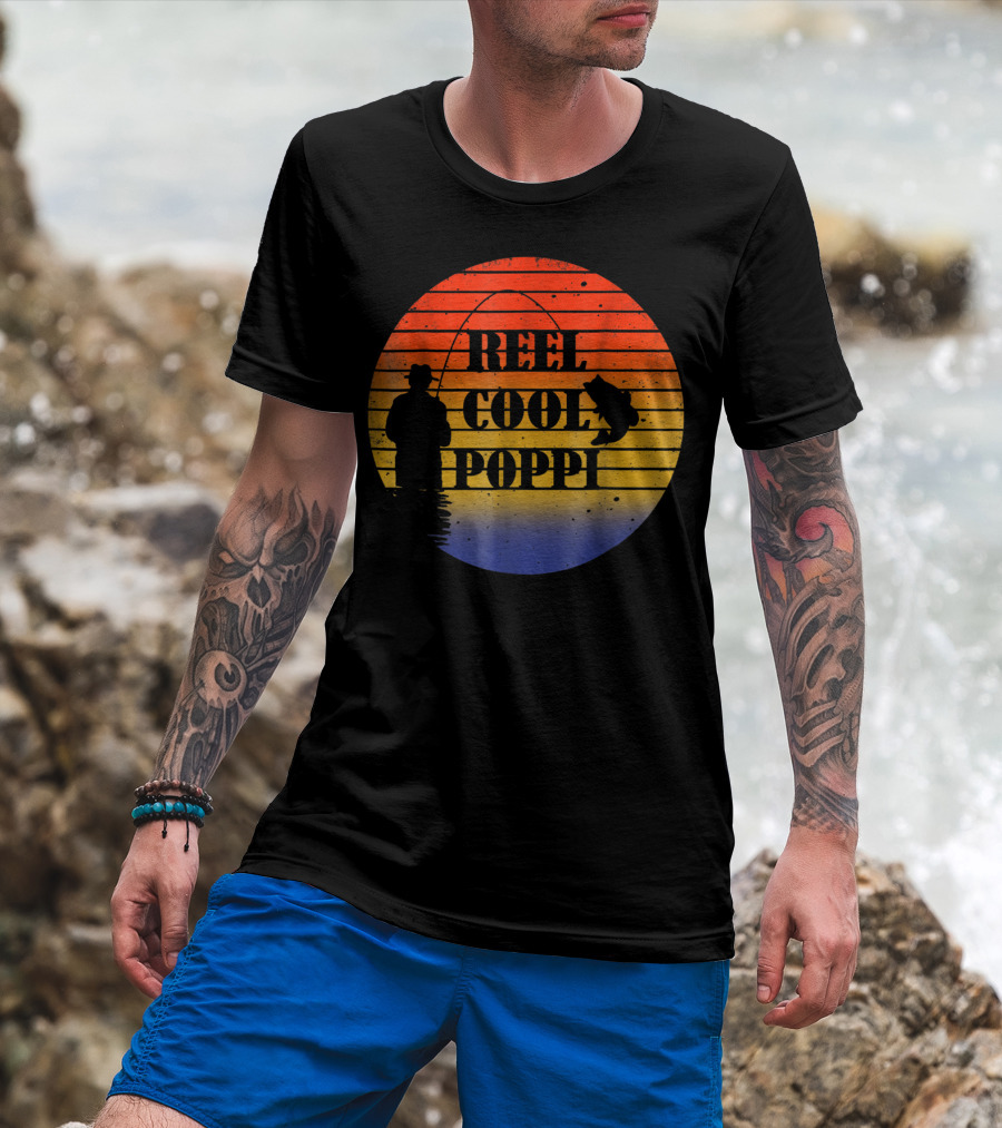 Reel Cool Poppi Silhouette Fishing Vintage Sunset T-Shirt