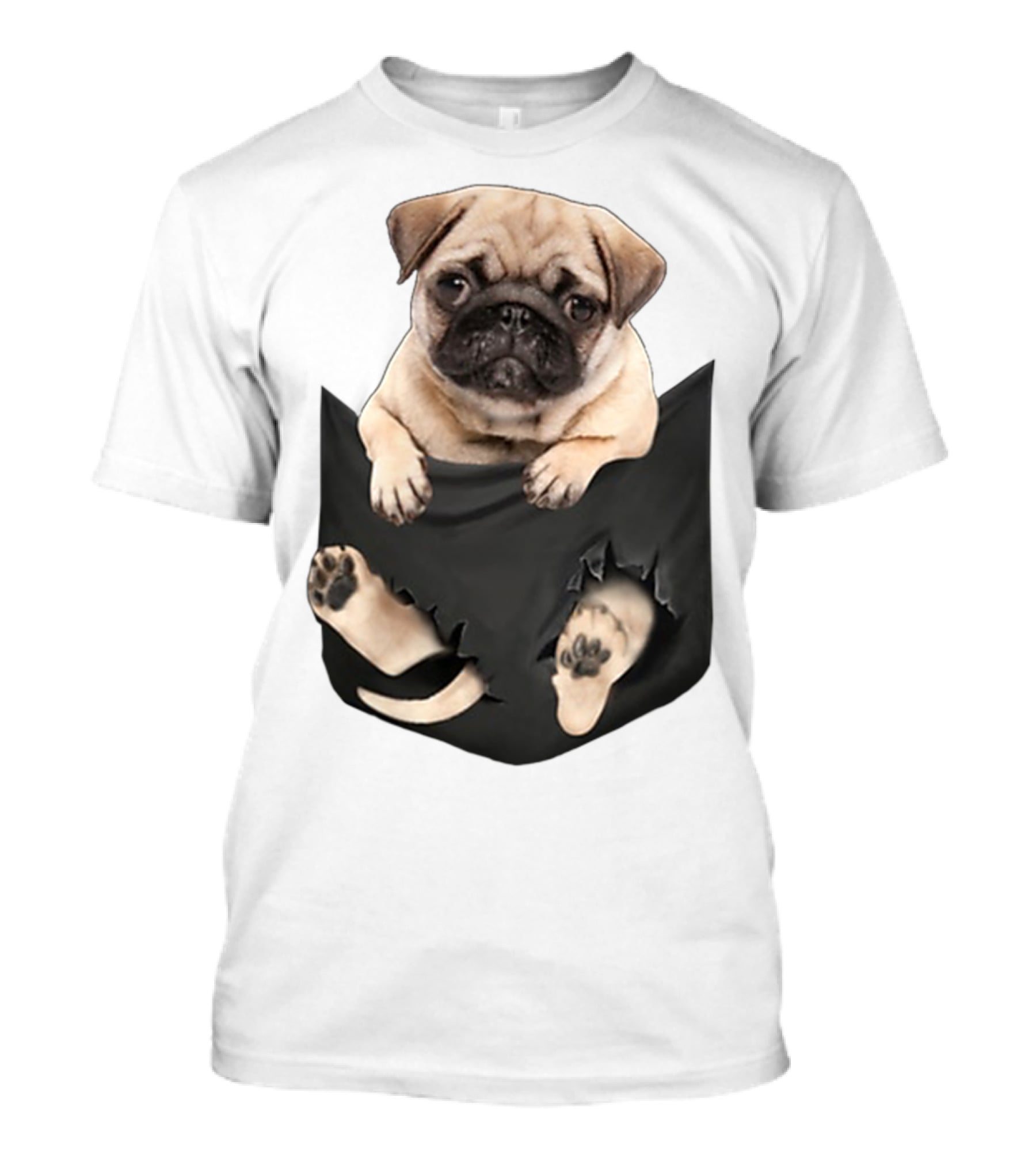 Pug Peeking Out Of Pocket With Paws Poking Through T-Shirt