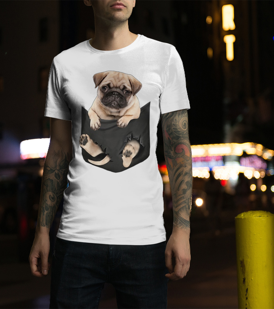 Pug Peeking Out Of Pocket With Paws Poking Through T-Shirt