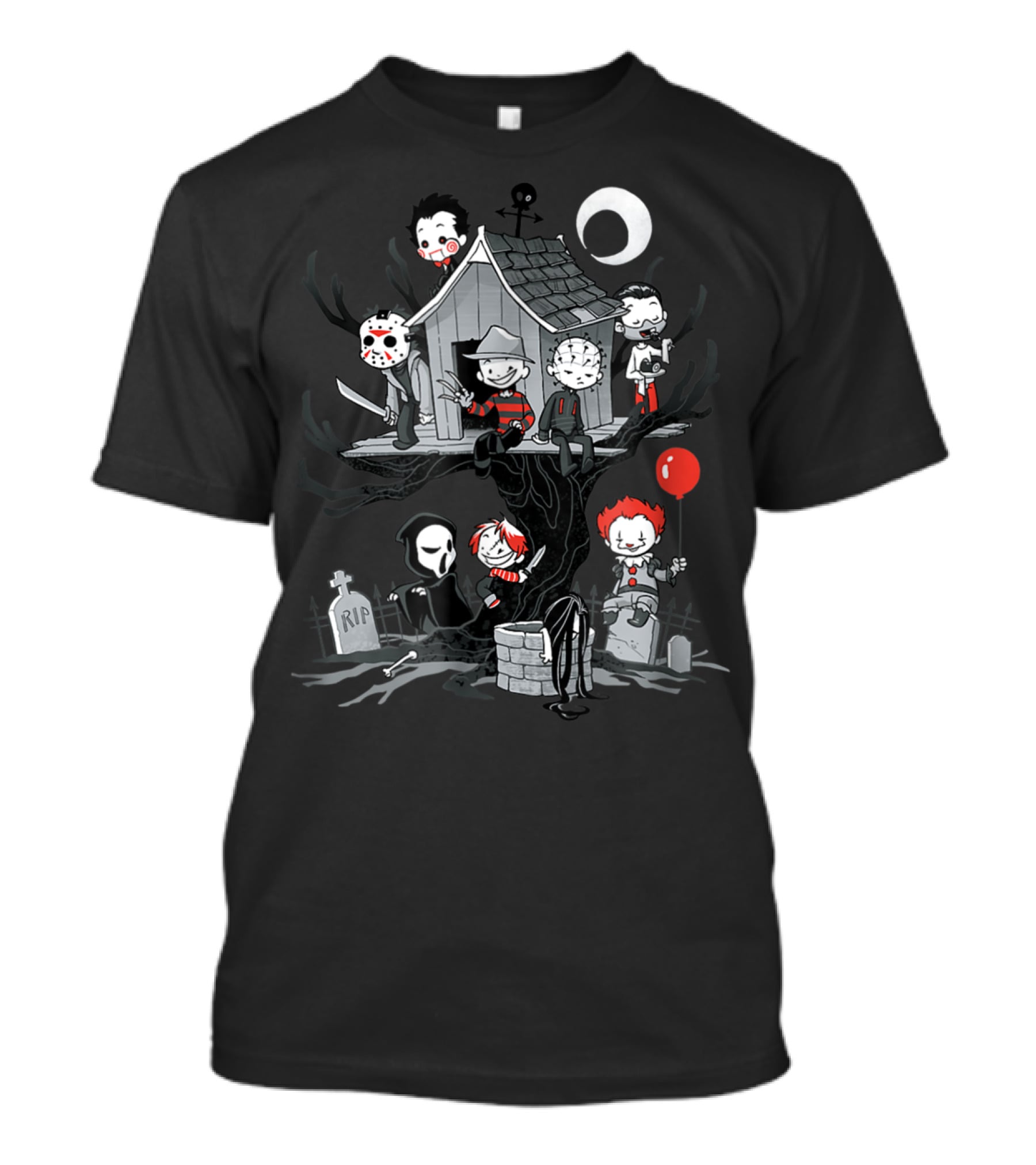 ShirtWoot Horror Clubhouse Icons In Treehouse With Figures And Moon T-Shirt