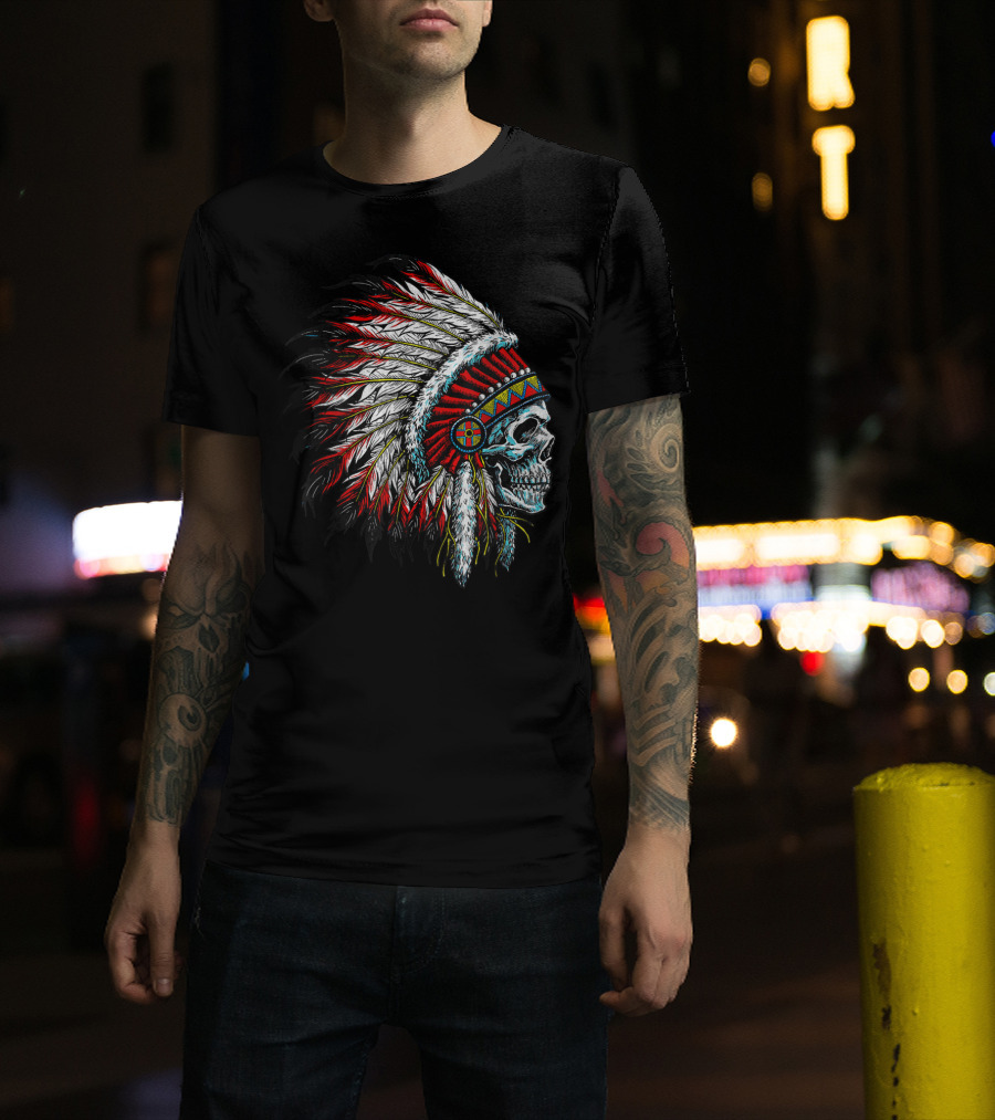Skull Native Indian Chief Eagle Feather Headdress Vintage American T-Shirt