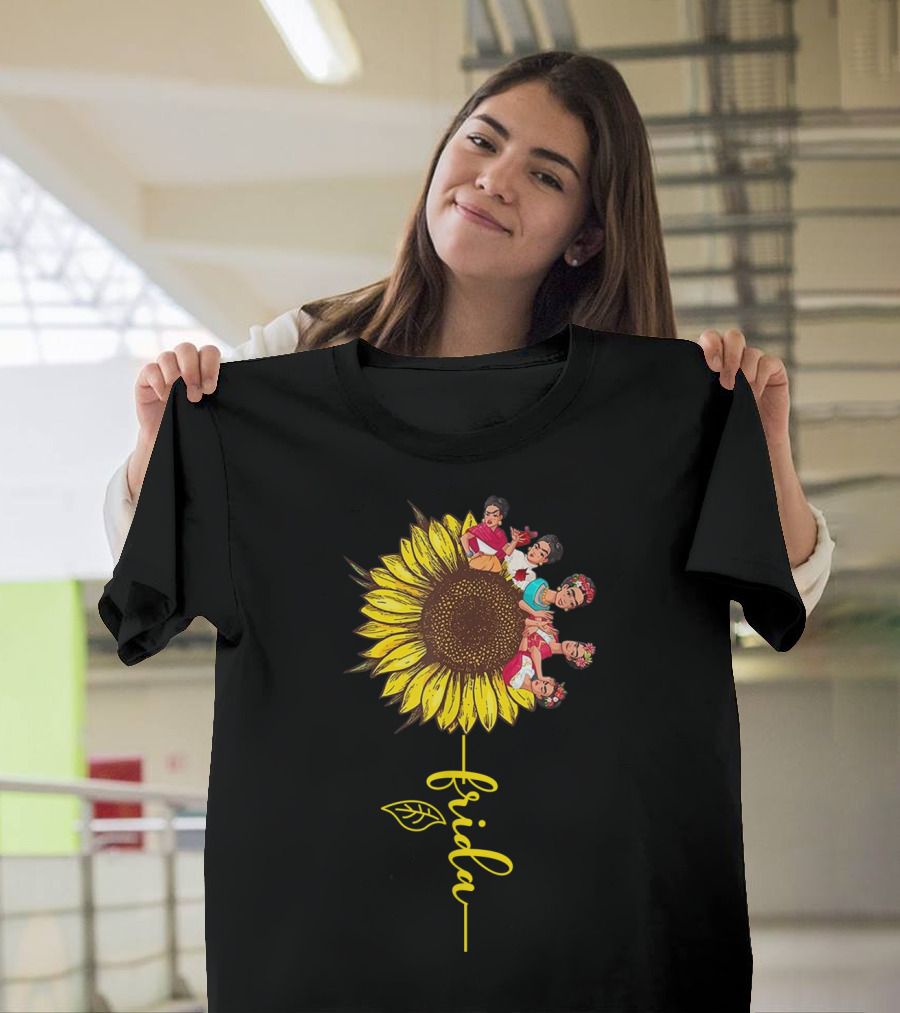 Frida Kahlo Sunflower Fusion With Colorful Floral Elements T-Shirt