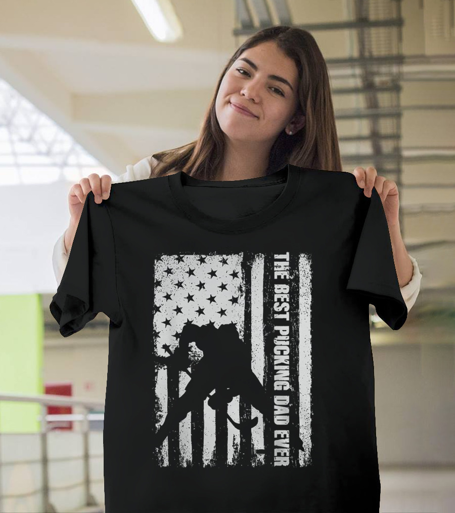 The Best Pucking Dad Ever Flag Hockey Silhouette Stars Stripes T-Shirt