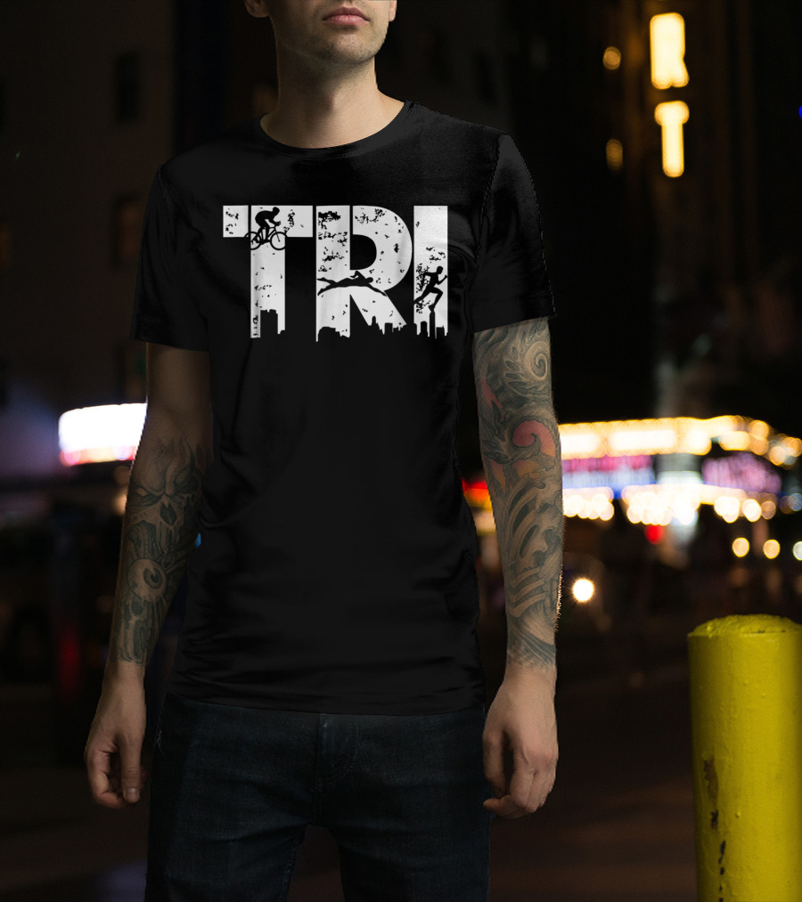 Triathlon Endurance Sports Triathlete Cycling Swimming Running Skyline T-Shirt