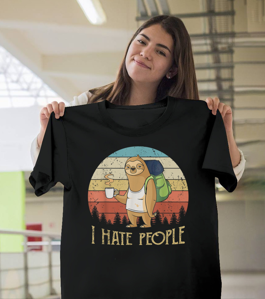 Vintage I Hate People Sloth Camping With Coffee And Backpack Retro Sunset Stripes T-Shirt