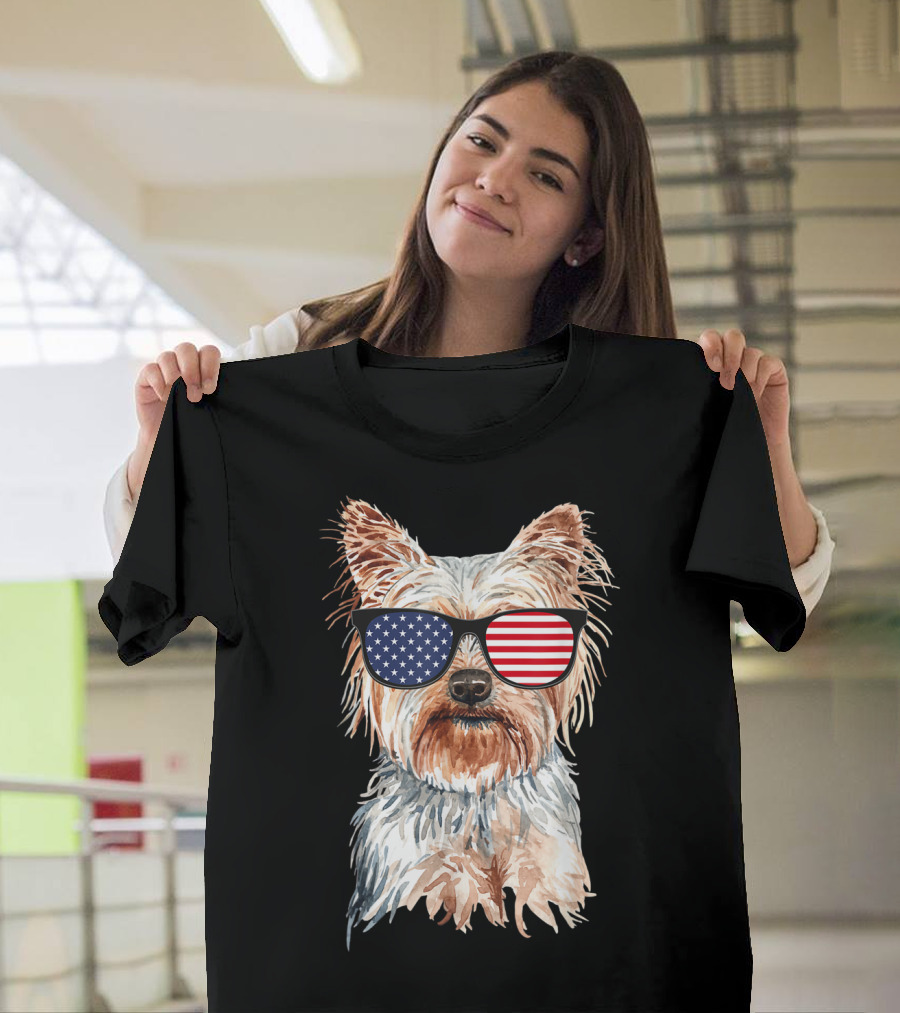 Yorkie Dog with American Flag Sunglasses Patriotic T-Shirt