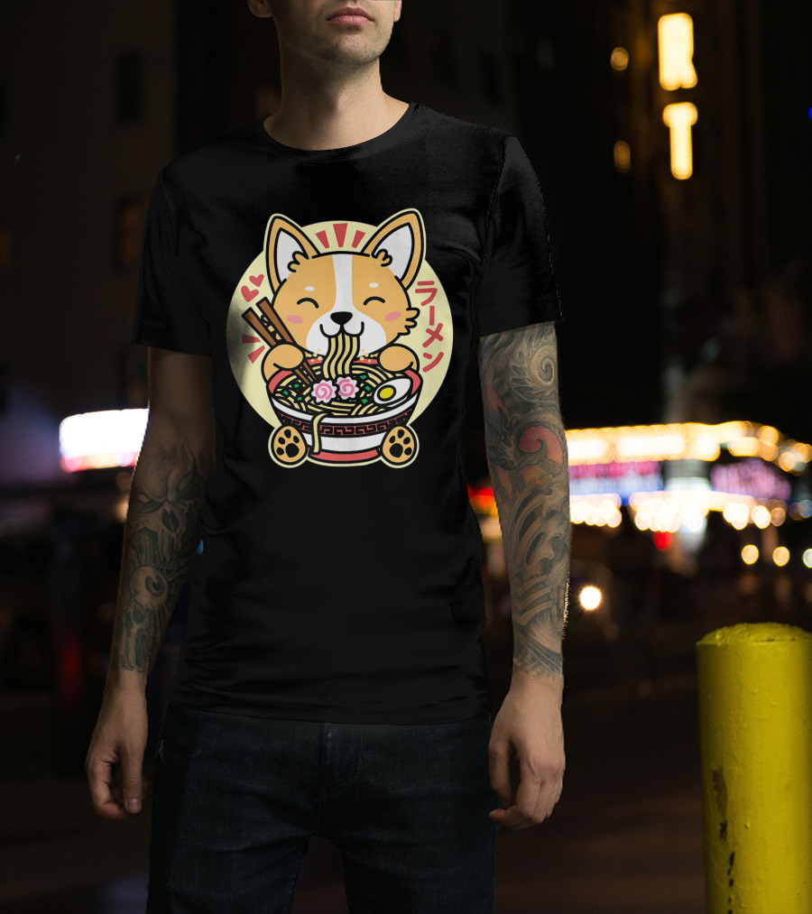 Kawaii Corgi Ramen Cute Anime Dog Japanese Noodles T-Shirt