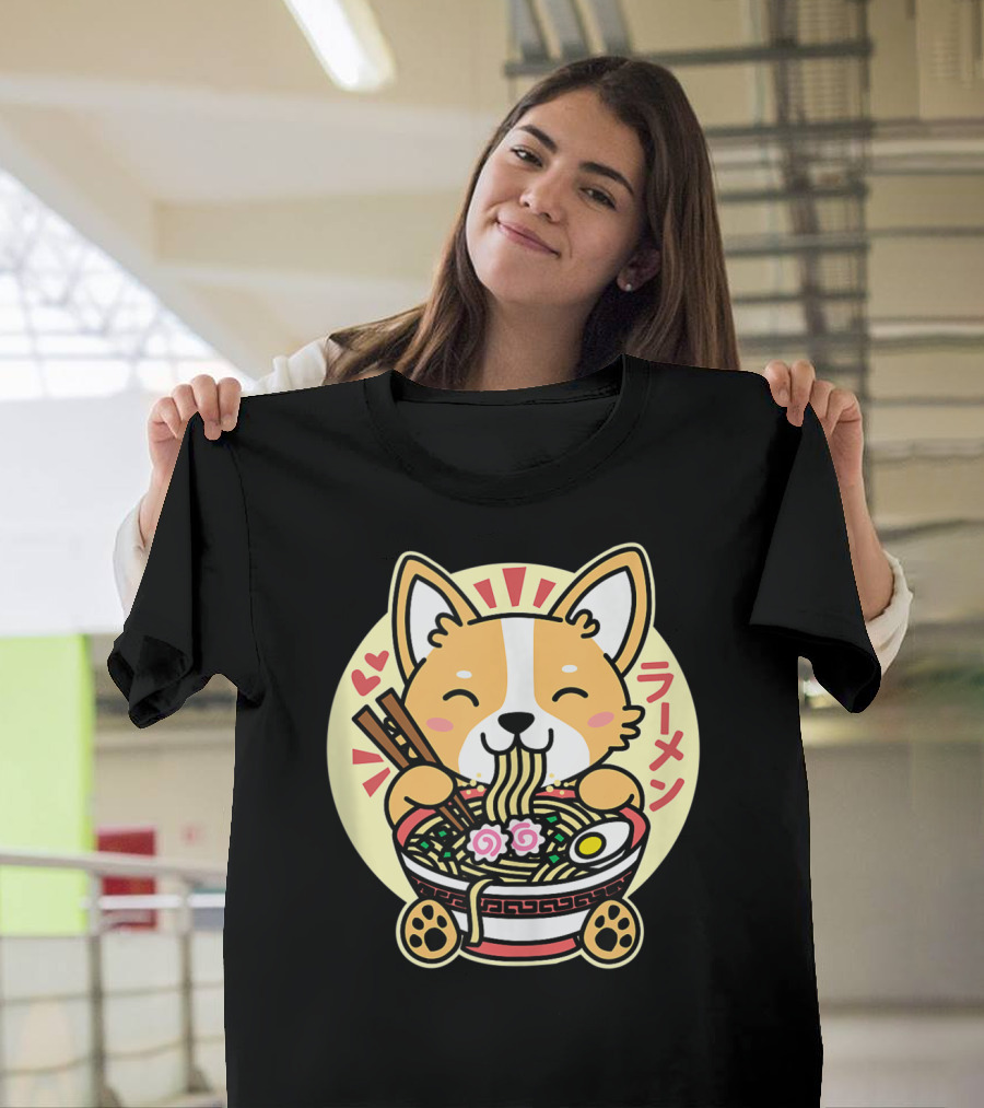 Kawaii Corgi Ramen Cute Anime Dog Japanese Noodles T-Shirt