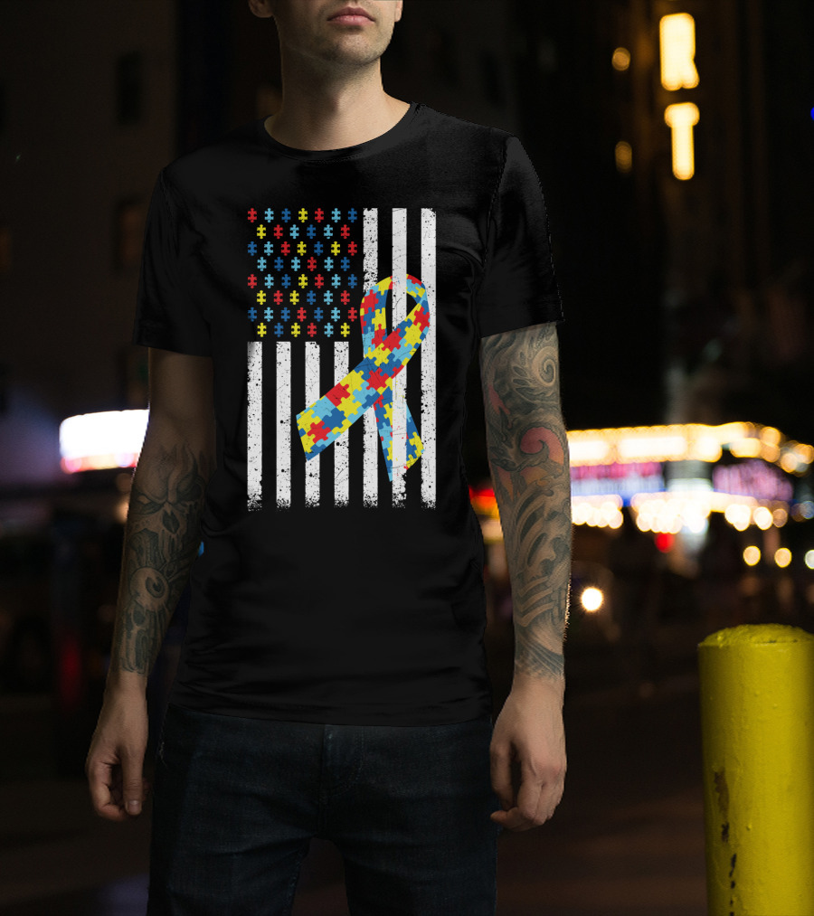 American Flag Jigsaw Puzzle Ribbon Autism Awareness T-Shirt