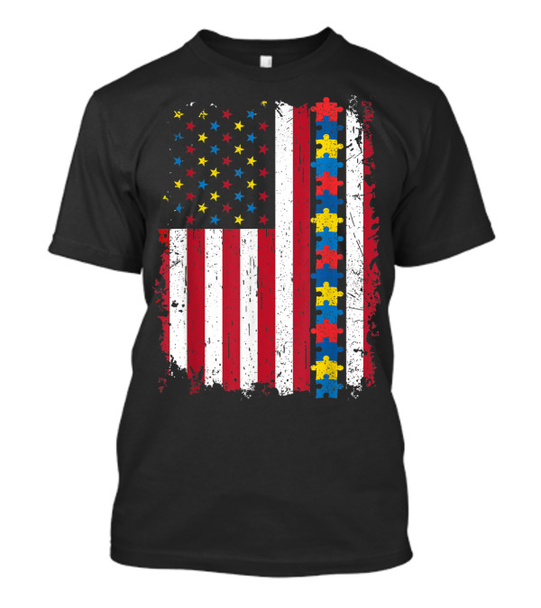 Autism Puzzle Piece 4th Of July American Flag USA Patriotic T-Shirt