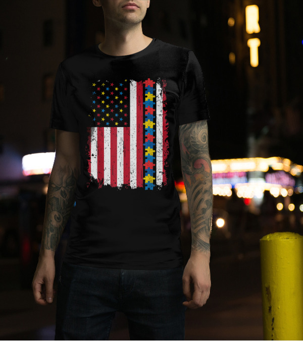 Autism Puzzle Piece 4th Of July American Flag USA Patriotic T-Shirt