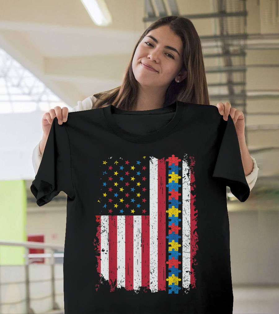 Autism Puzzle Piece 4th of July American Flag USA Patriotic T-Shirt