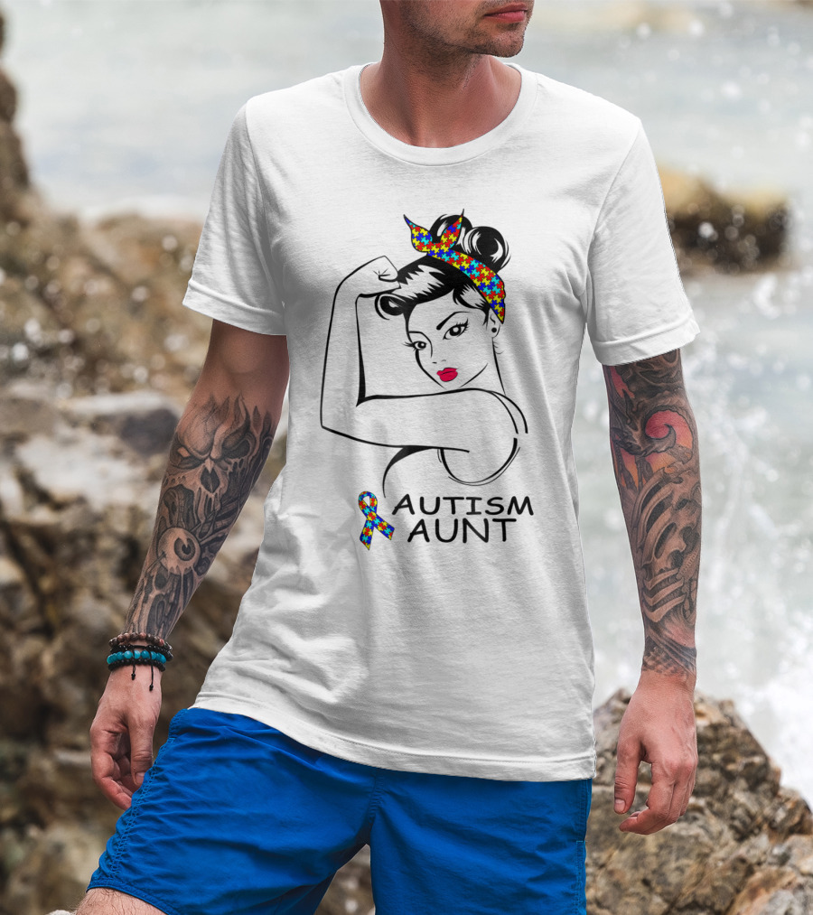 Autism Aunt Strong Awareness Rosie Bandana Puzzle T-Shirt