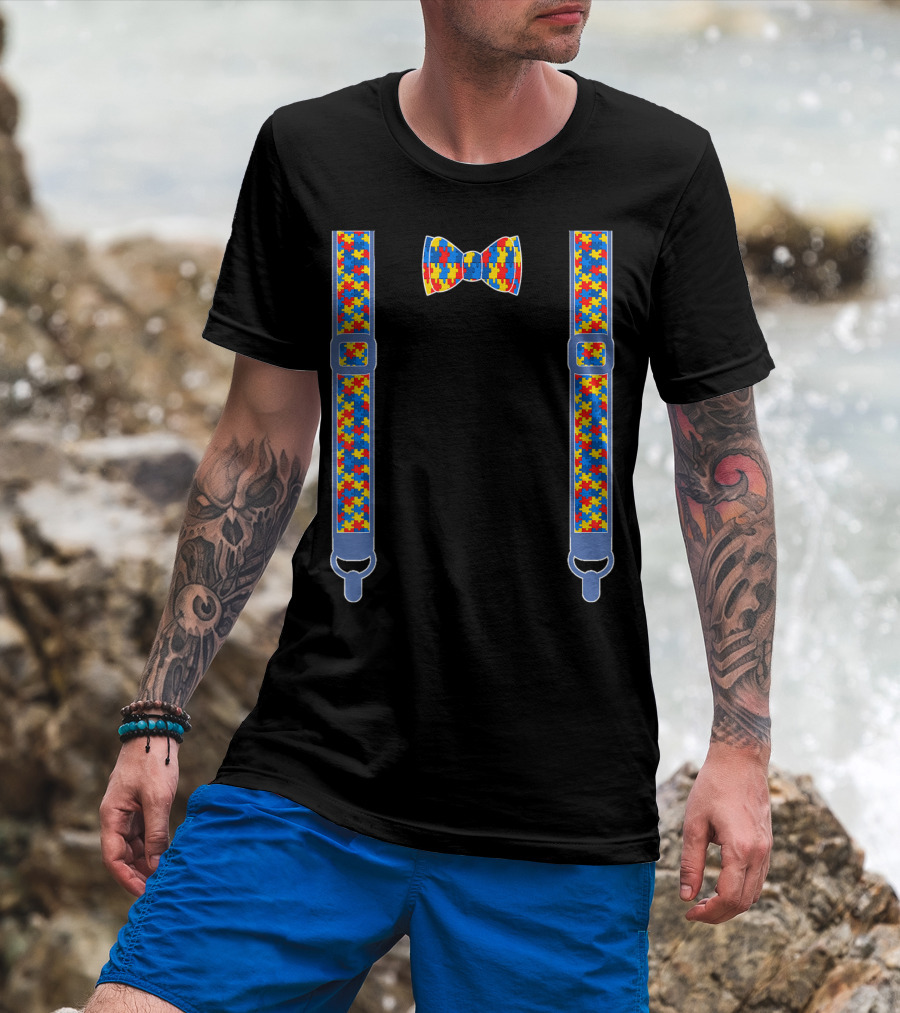 Autism Awareness Puzzle Piece Bow Tie And Suspenders T-Shirt