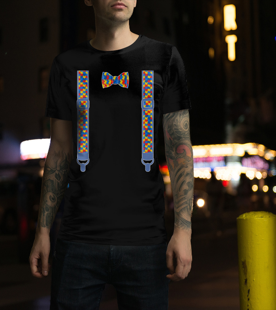 Autism Awareness Puzzle Piece Bow Tie And Suspenders T-Shirt