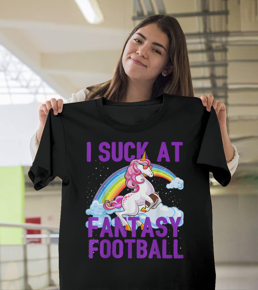 I Suck at Fantasy Football Unicorn Rainbow Loser with Football on Clouds T-Shirt