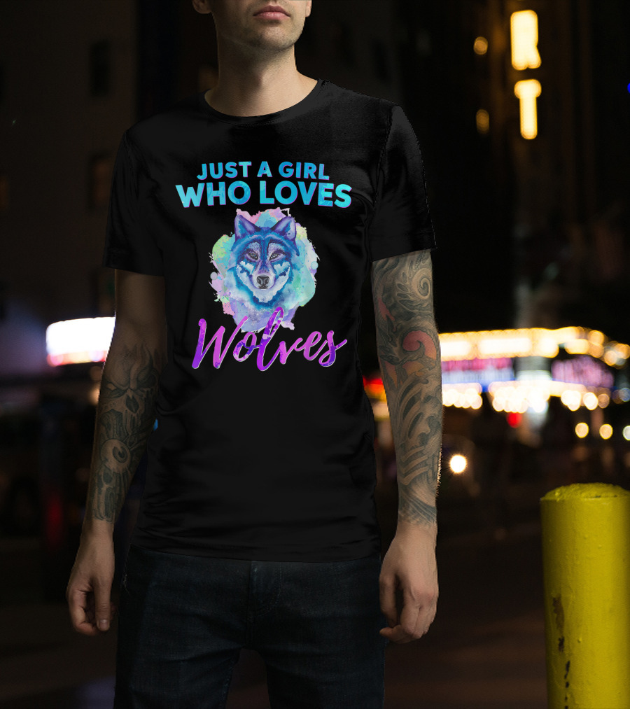 Just A Girl Who Loves Wolves Watercolor Wolf Colorful T-Shirt