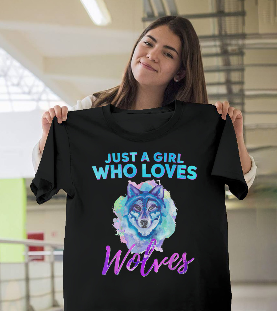 Just A Girl Who Loves Wolves Watercolor Wolf Colorful T-Shirt