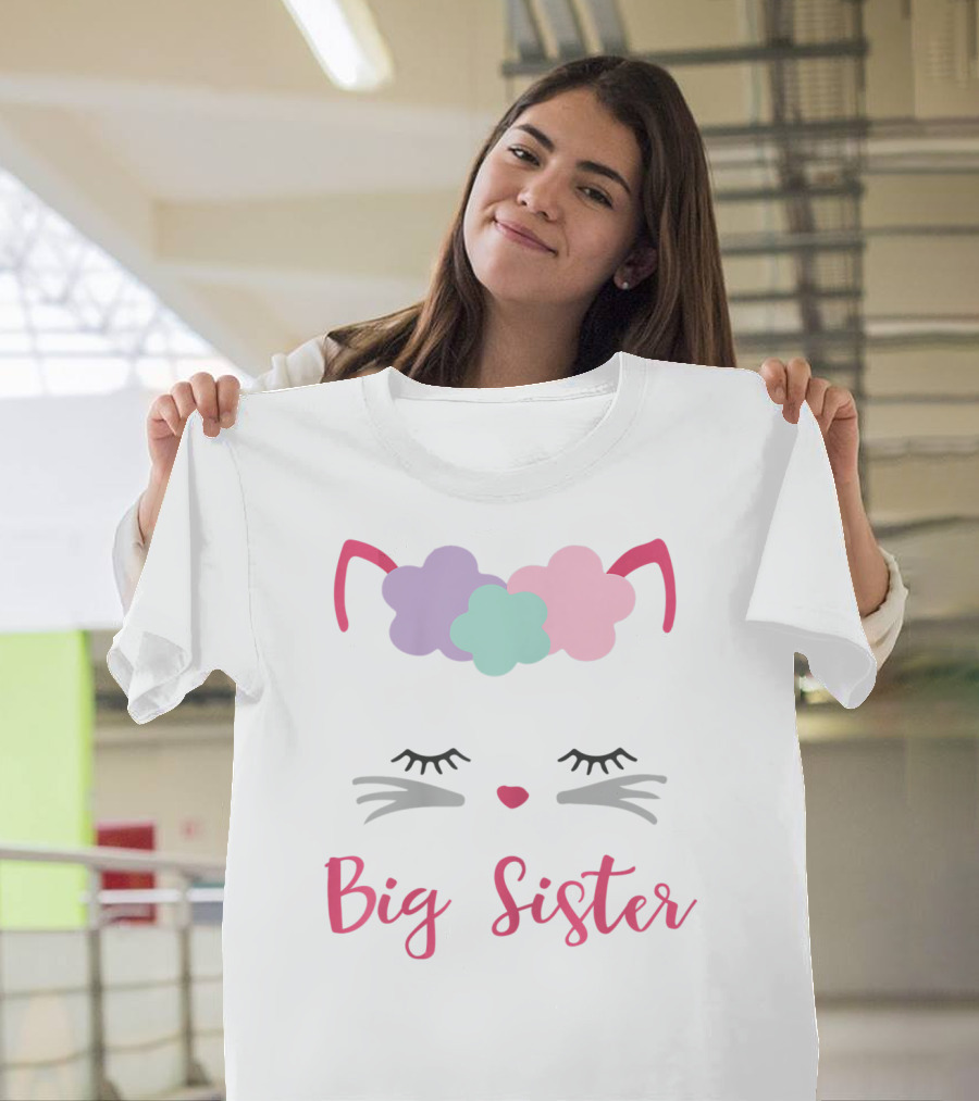 Big Sister Kitty Cat With Floral Headband T-Shirt