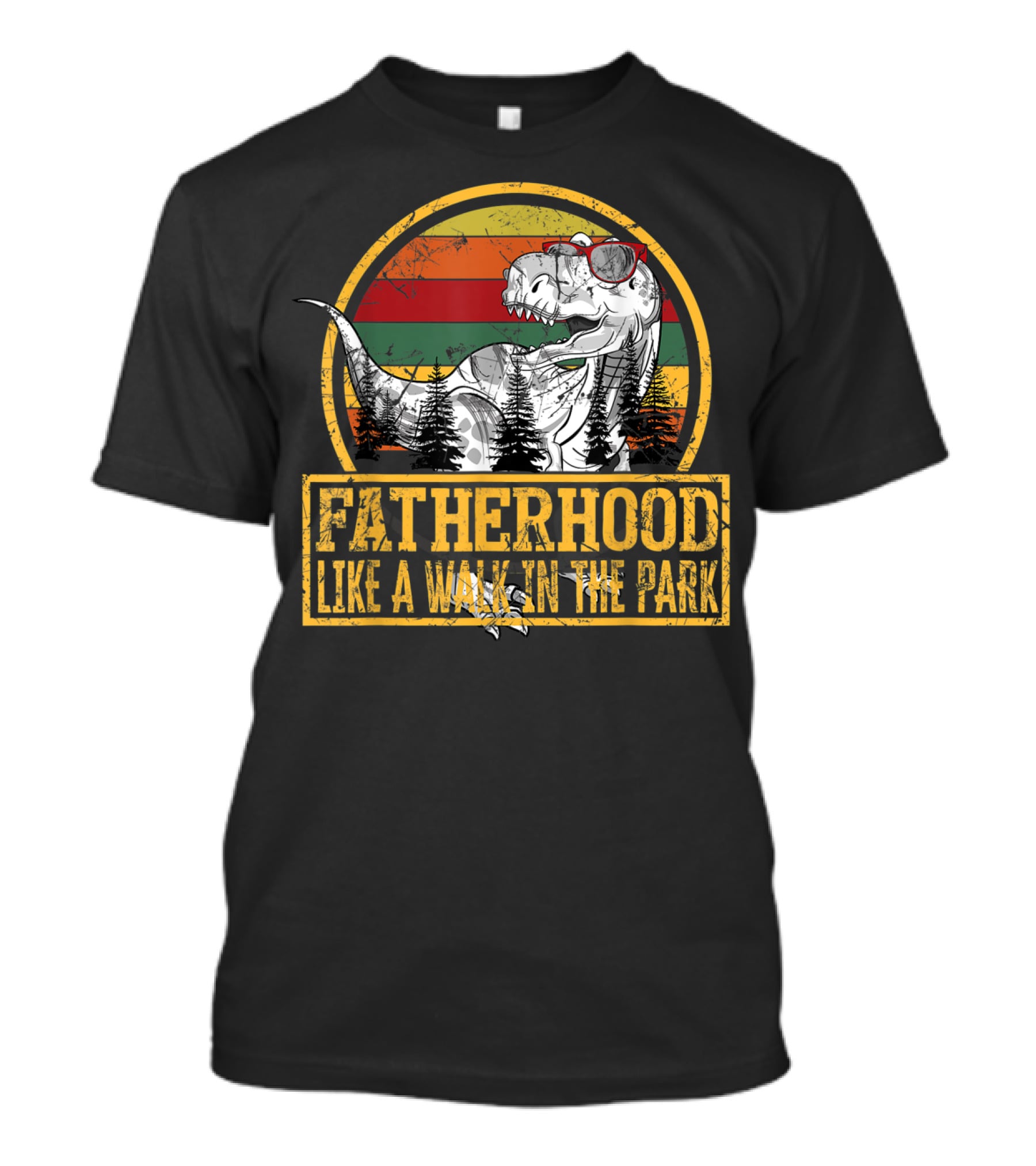 Fatherhood Like A Walk In The Park Dinosaur Theme With Retro Sunset And Trees T-Shirt