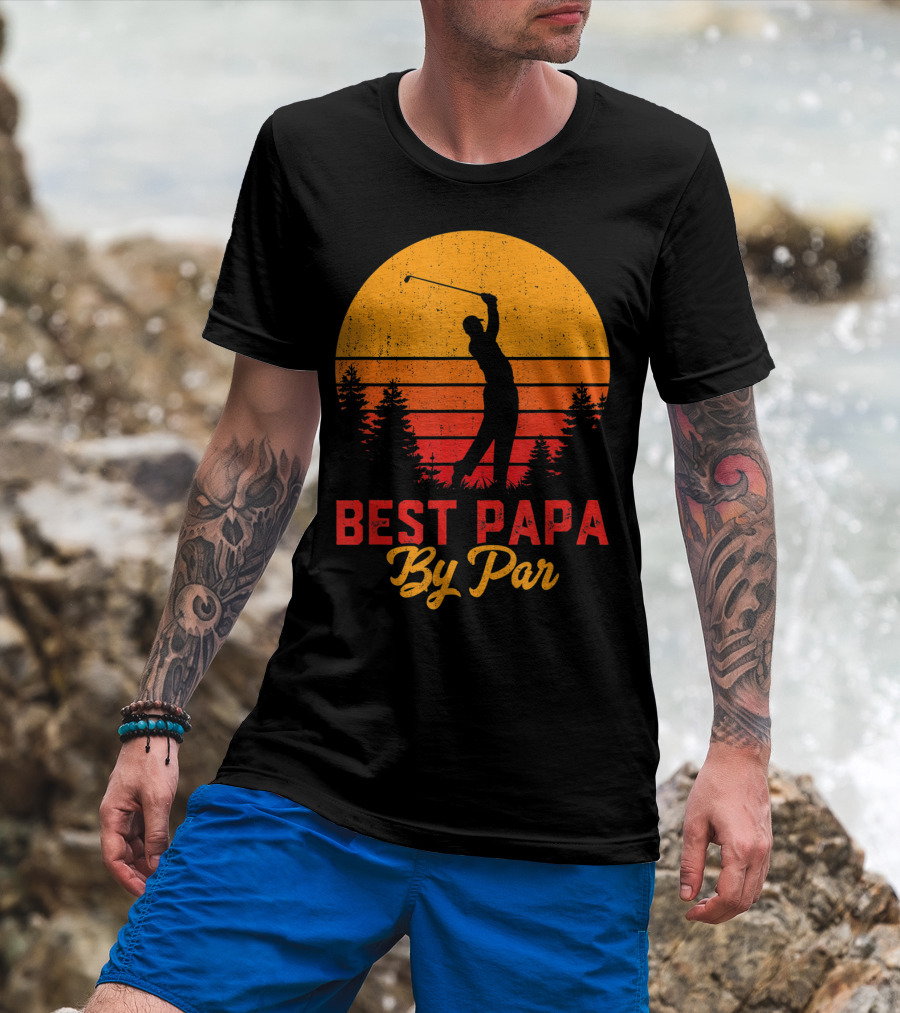 Mens Funny Father's Day Best Papa By Par Golf Silhouette Sunset T-Shirt