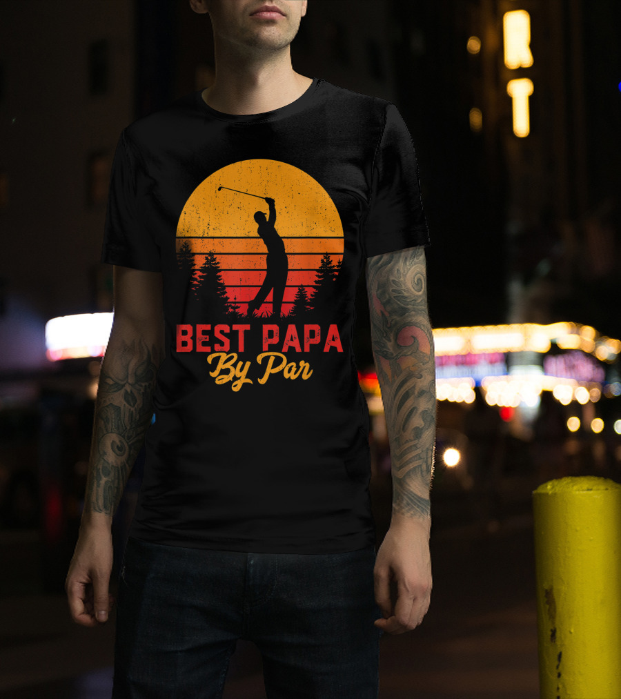 Mens Funny Father's Day Best Papa By Par Golf Silhouette Sunset T-Shirt