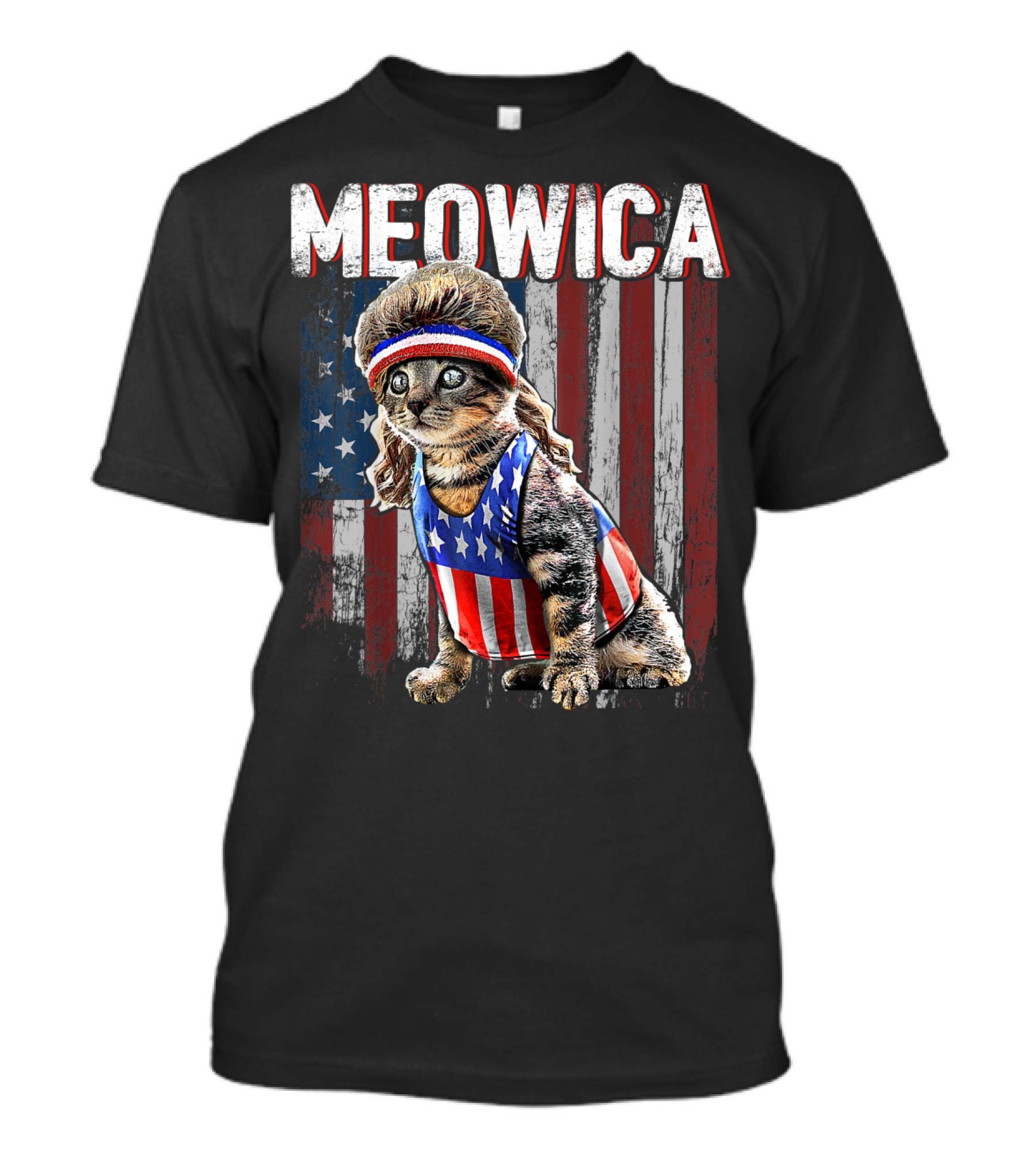 Meowica Cat Mullet American Flag Patriotic Kitten In Stars And Stripes Vest And Headband In Front Of American Flag T-Shirt