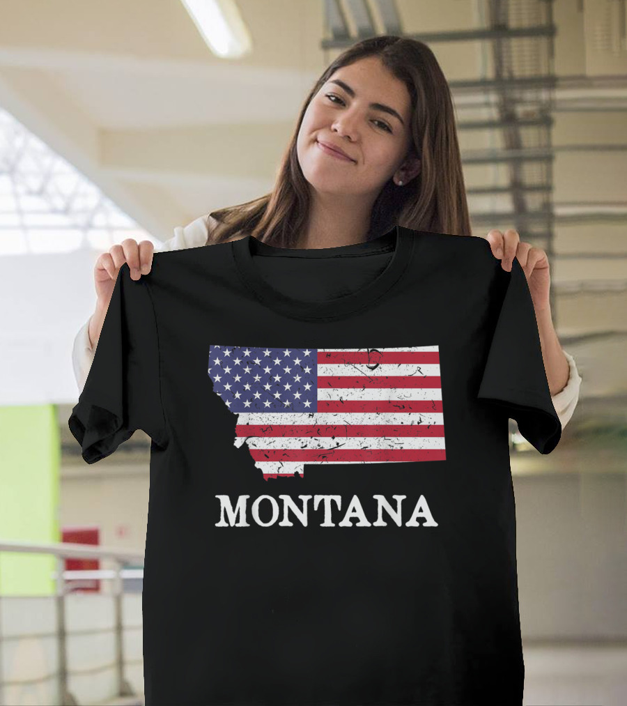 Montana Map American Flag 4th Of July Independence T-Shirt