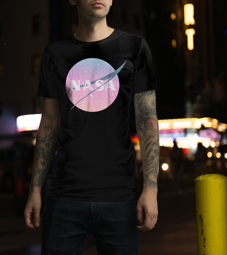 NASA Pastel Rainbow Classic Logo Pink And Blue Ombre Circle With Stars T-Shirt