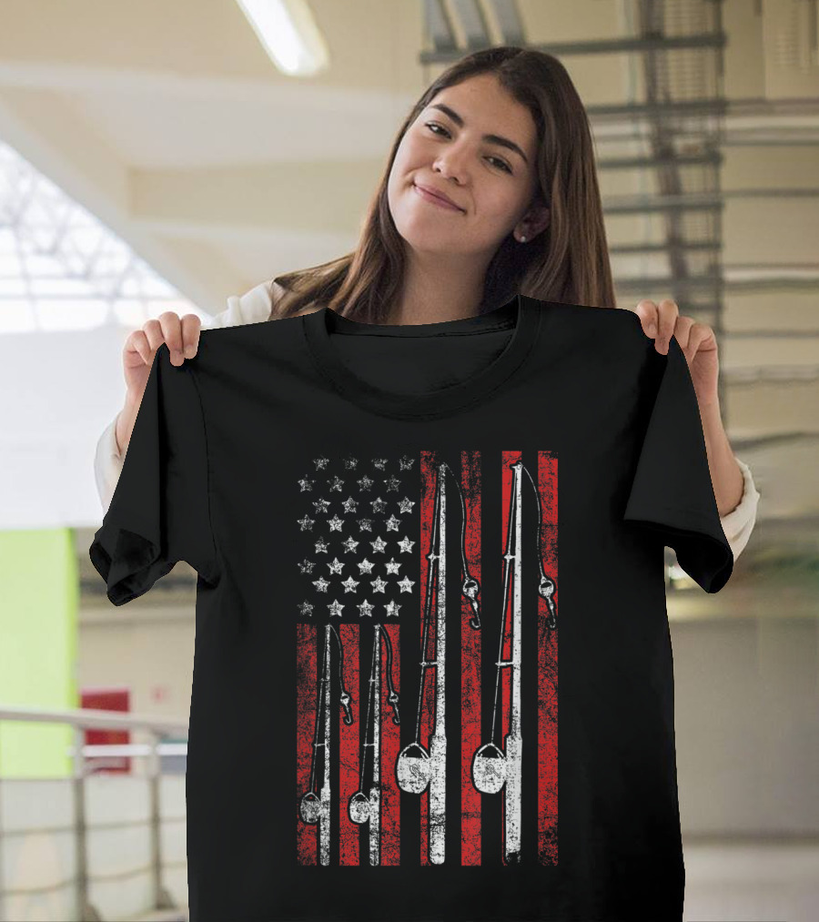 Vintage American Flag Fishing Poles T-Shirt