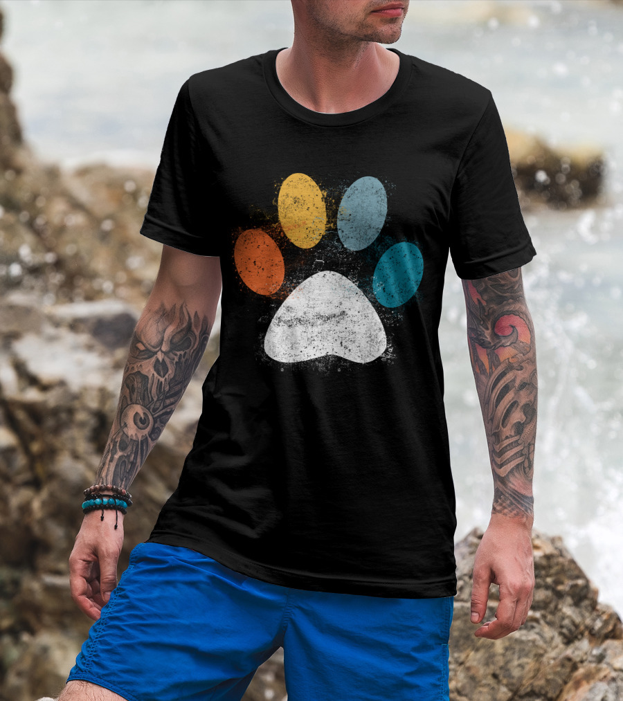 Vintage Distressed Multi-Color Dog Paw Print Love T-Shirt