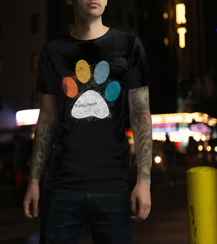 Vintage Distressed Multi-Color Dog Paw Print Love T-Shirt
