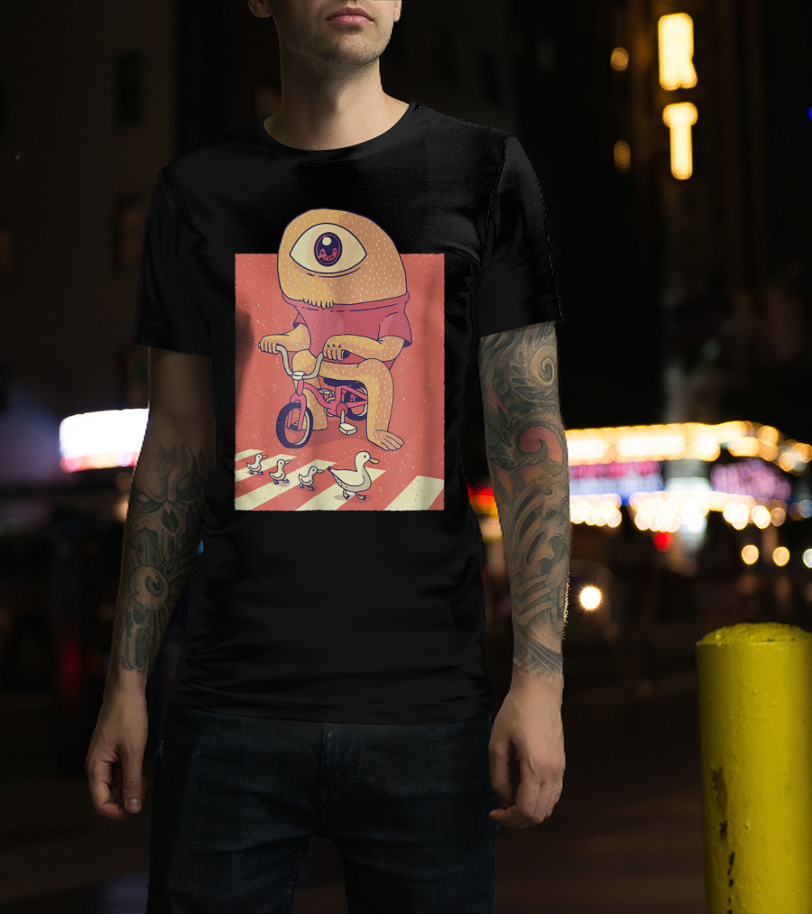Vintage Japanese Cyclops Riding Bicycle With Ducklings Crossing T-Shirt