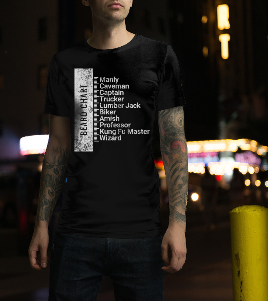 Beard Chart Manly Caveman Captain Trucker Lumberjack Biker Amish Professor Kung Fu Master Wizard T-Shirt