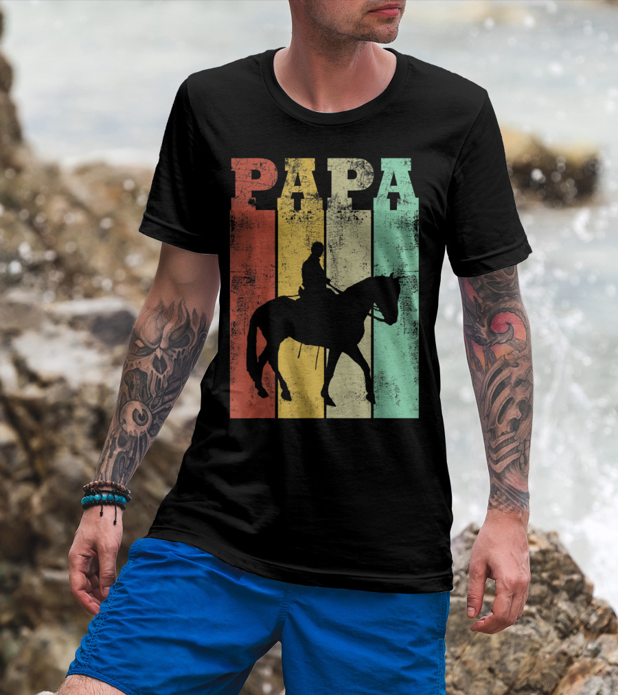 Vintage Horse Riding Papa Silhouette Retro Dad T-Shirt