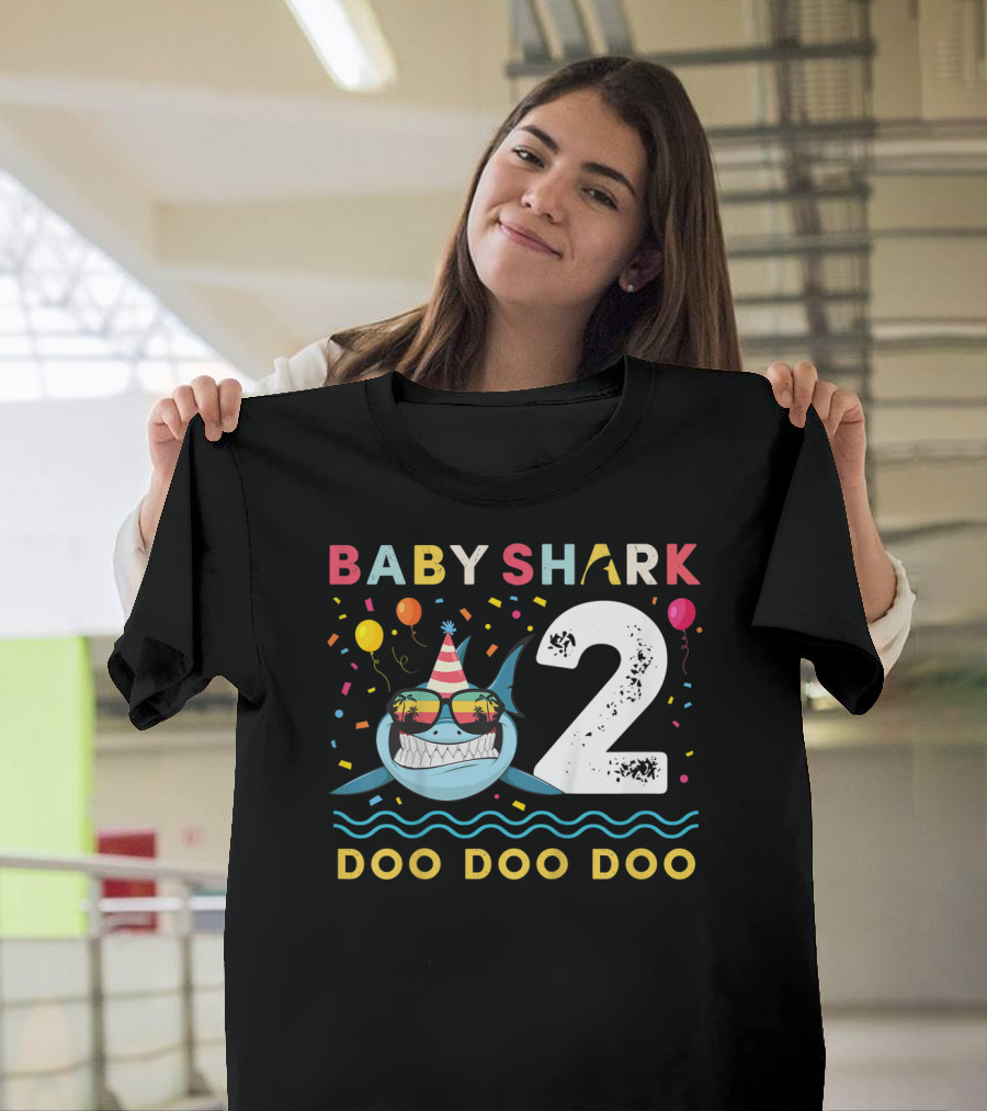 Baby Shark 2nd Birthday Doo Doo Doo Toddler Kids Party Hat Balloons T-Shirt