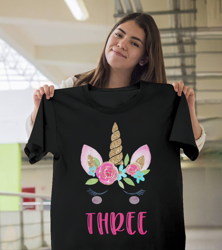 Three Unicorn Birthday Girl 3 Year Old Kids T-Shirt