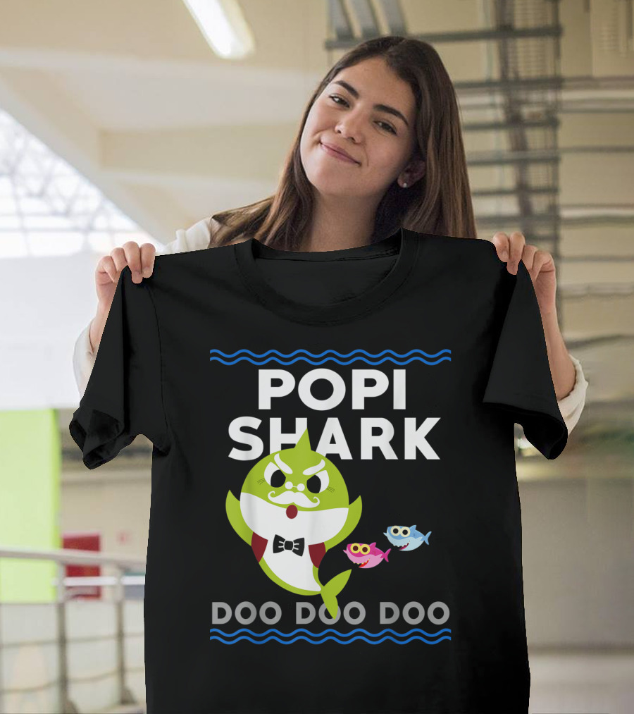 Popi Shark Doo Doo Doo Mustached Bowtie Shark With Cute Colorful Fish T-Shirt
