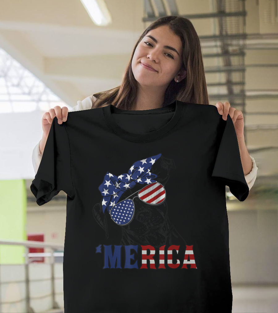 'Merica Patriotic Stars and Stripes Pitbull with USA Flag Glasses T-Shirt