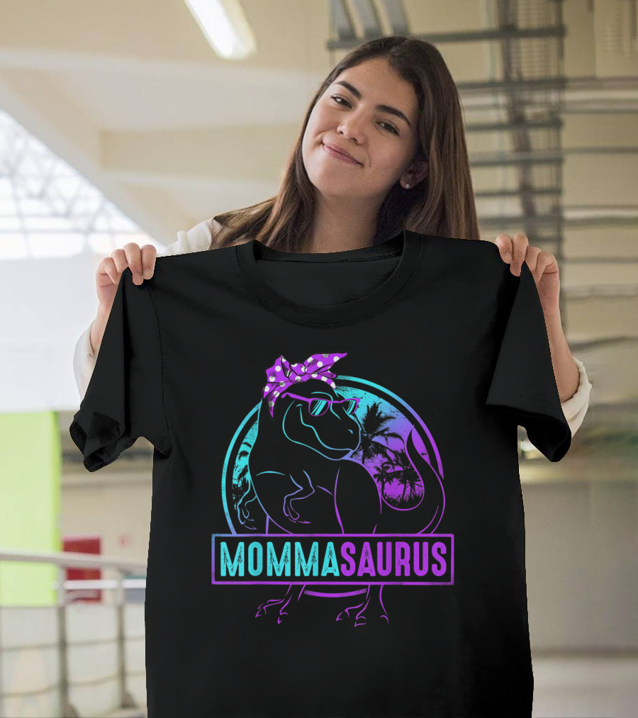 Mommasaurus Dinosaur with Bandana Sunglasses and Tropical Background T-Shirt