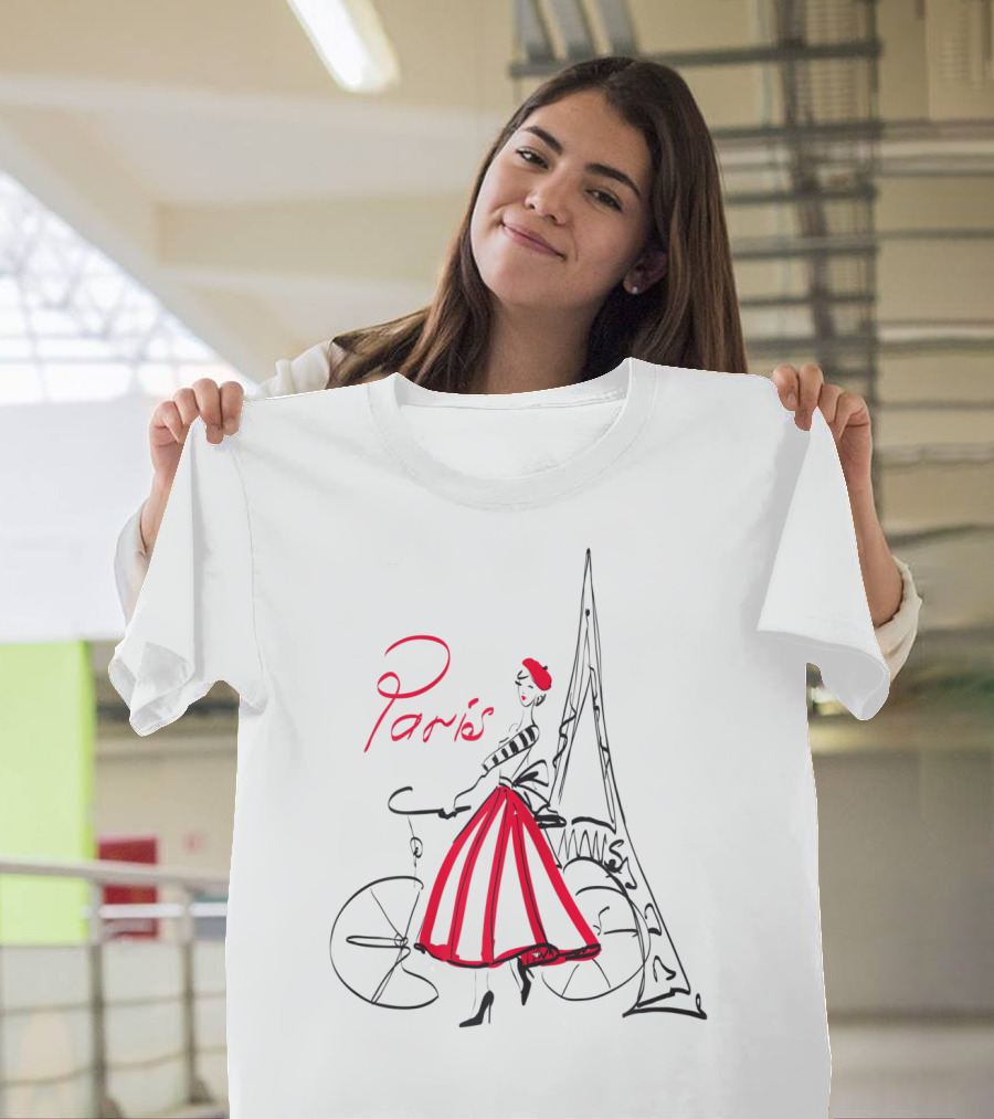 Paris Bicycle Woman With Eiffel Tower In Red Dress T-Shirt