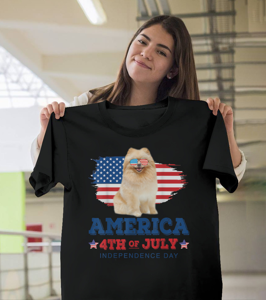 America 4th of July Independence Day Pomeranian with Flag Sunglasses T-Shirt