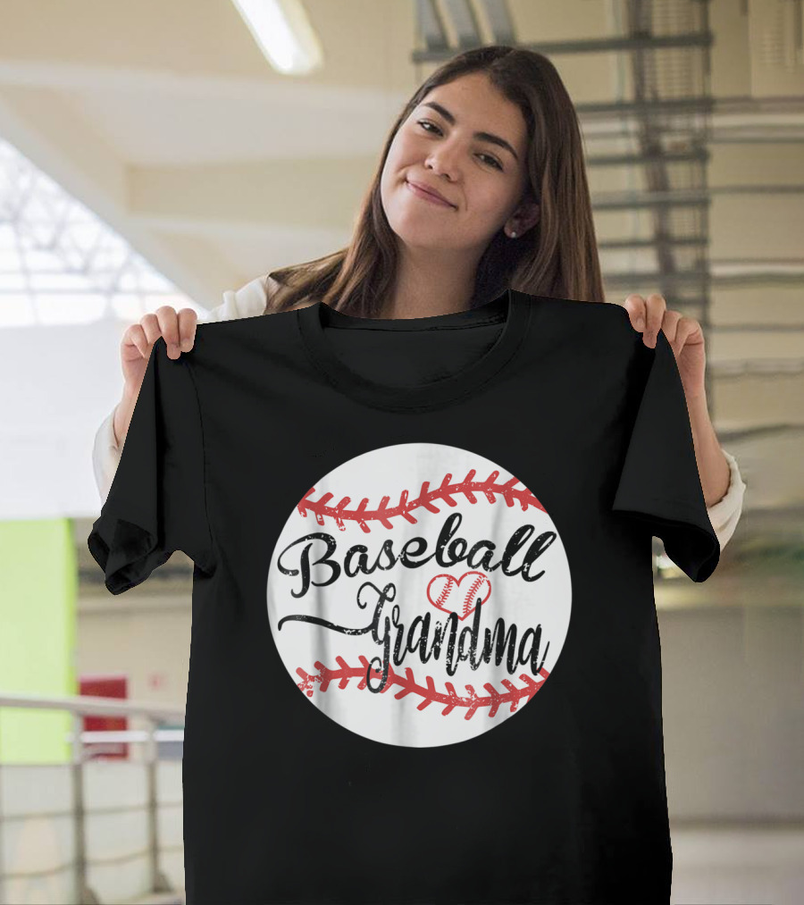 Baseball Grandma with Heart Stitching Baseball T-Shirt