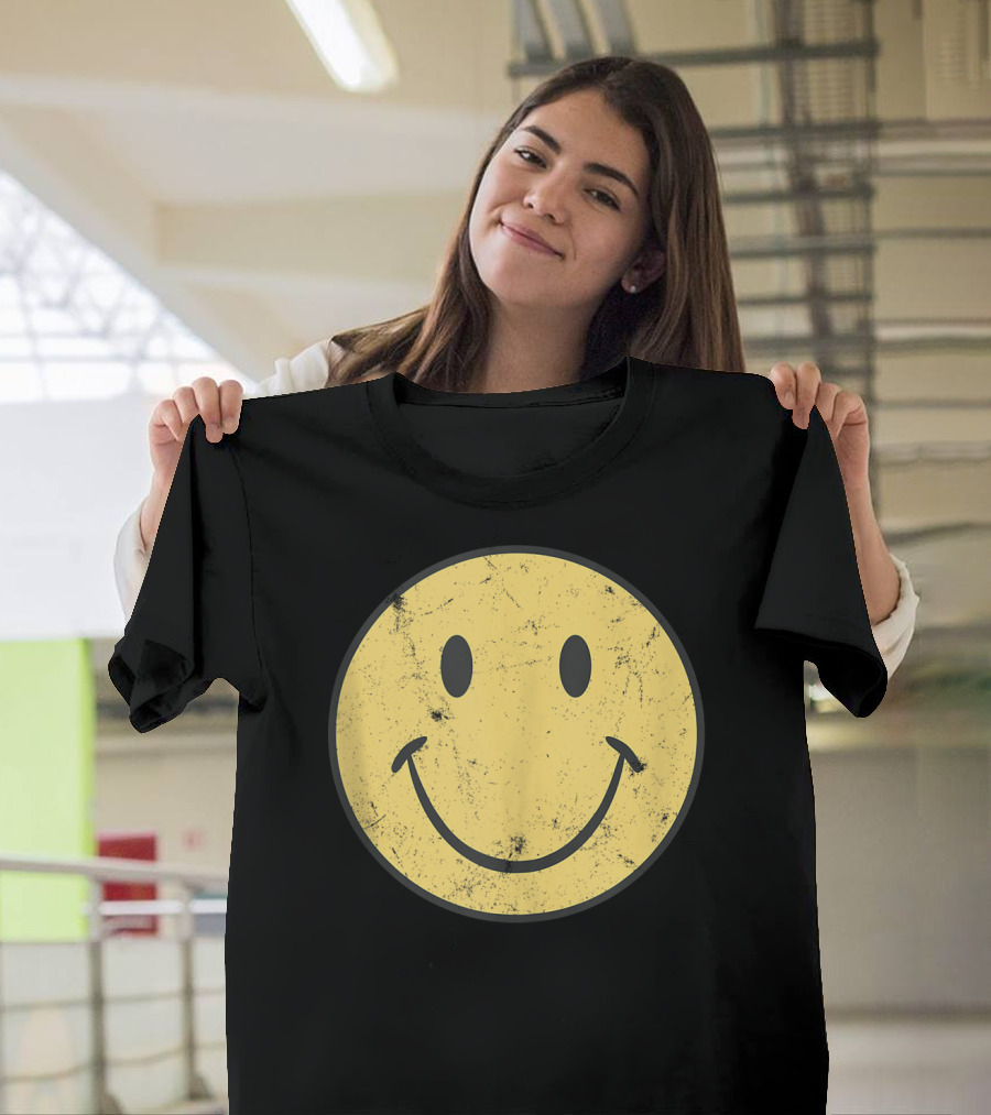 Retro 70s Smiley Face Distressed Yellow T-Shirt