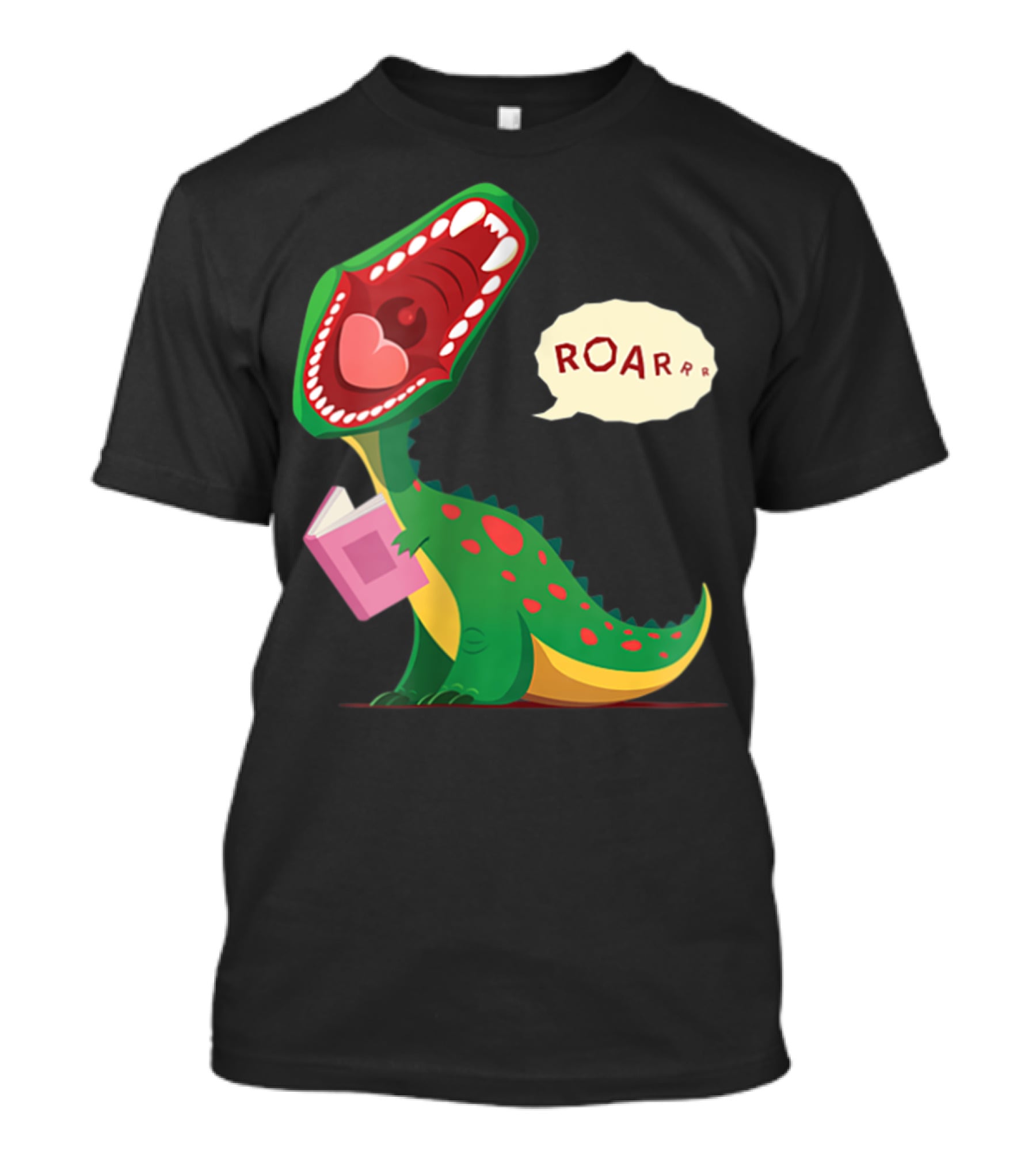 Roar Trex Dinosaur Holding Pink Book And Heart Inside Mouth T-Shirt