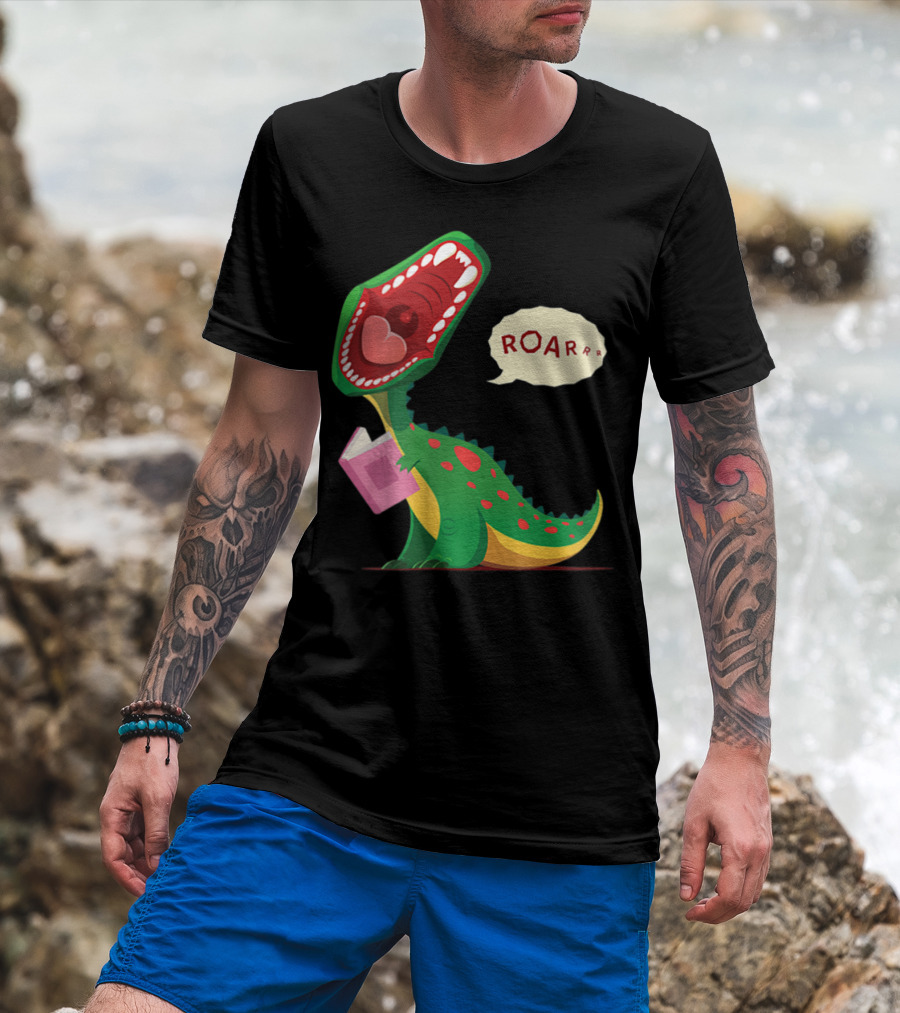 Roar Trex Dinosaur Holding Pink Book And Heart Inside Mouth T-Shirt