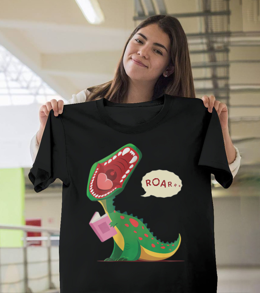 Roar Trex Dinosaur Holding Pink Book and Heart Inside Mouth T-Shirt