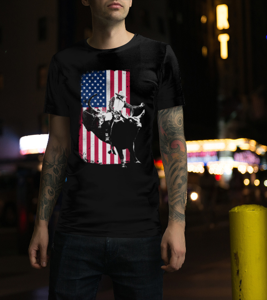 Rodeo Bull Rider American Flag Cowboy Patriot T-Shirt