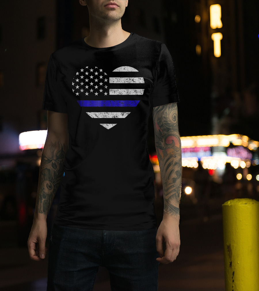 Thin Blue Line American Flag Heart Police Support T-Shirt