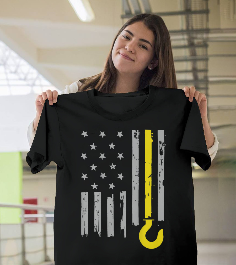 Tow Truck Driver American Flag Yellow Line Hook T-Shirt